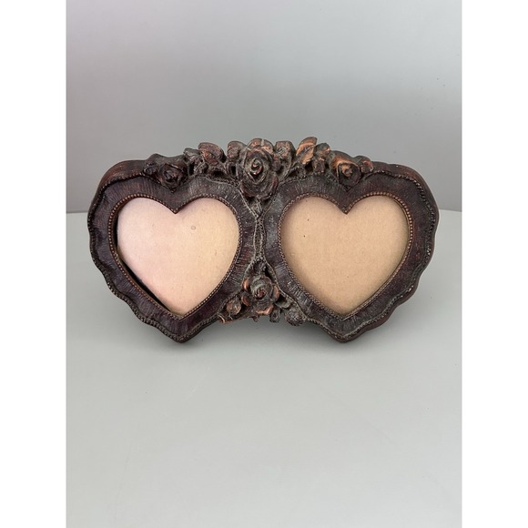 Other - Vintage 7" Long Picture Frame Wood Carved Look - Rose Flower Double Heart Shape